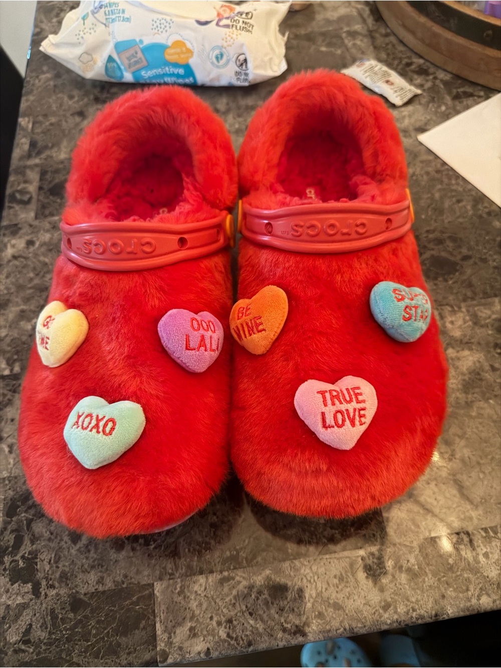 CROCS Kids Fuzzy Red Clog Slippers with Conversation Heart Charms